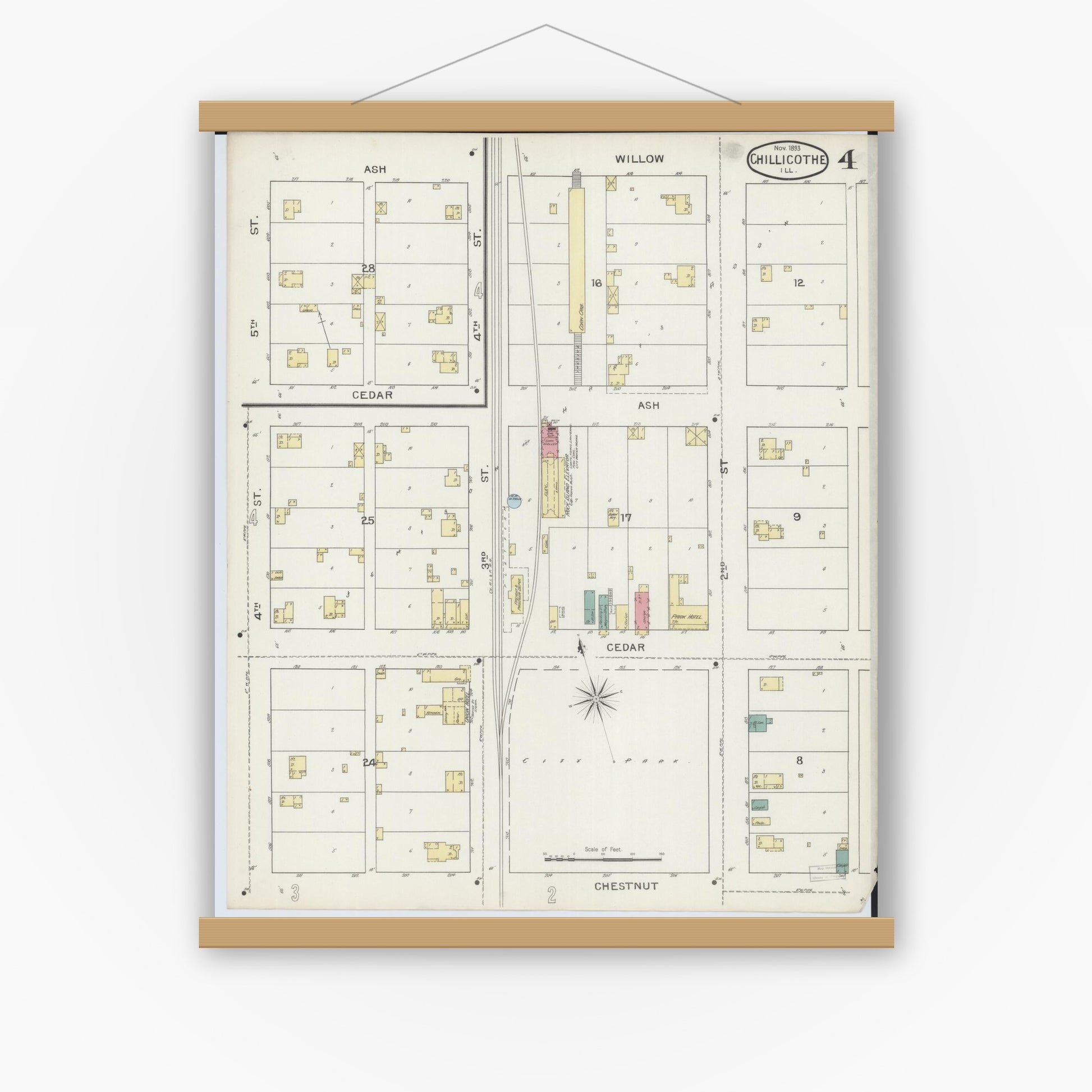 Old map wall art mockup — magnetic wood frame on white wall — Sanborn Fire Insurance Map from Chillicothe, Peoria County, Illinois (1893), Sheet #0004