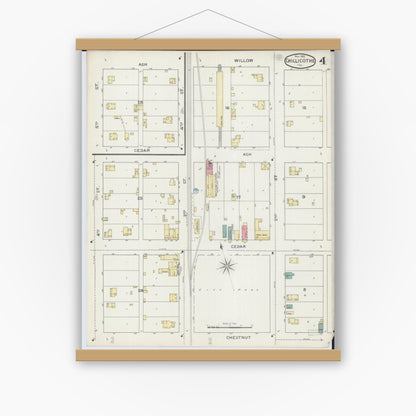 Old map wall art mockup — magnetic wood frame on white wall — Sanborn Fire Insurance Map from Chillicothe, Peoria County, Illinois (1893), Sheet #0004