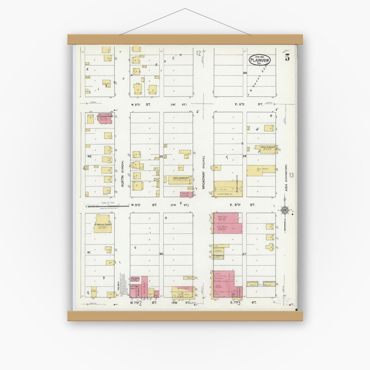 Old map wall art mockup — magnetic wood frame on white wall — Sanborn Fire Insurance Map from Plainview, Hale County, Texas (1921), Sheet #0005