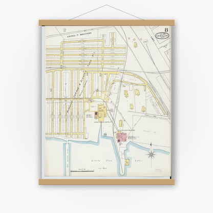 Old map wall art mockup — magnetic wood frame on white wall — Sanborn Fire Insurance Map from Cadillac, Wexford County, Michigan (1895), Sheet #0008