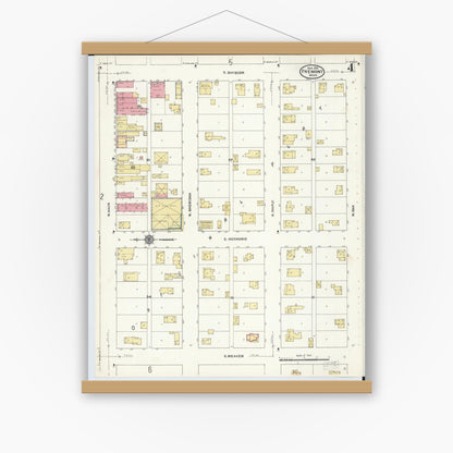 Old map wall art mockup — magnetic wood frame on white wall — Sanborn Fire Insurance Map from Fremont, Newaygo County, Michigan (1911), Sheet #0004