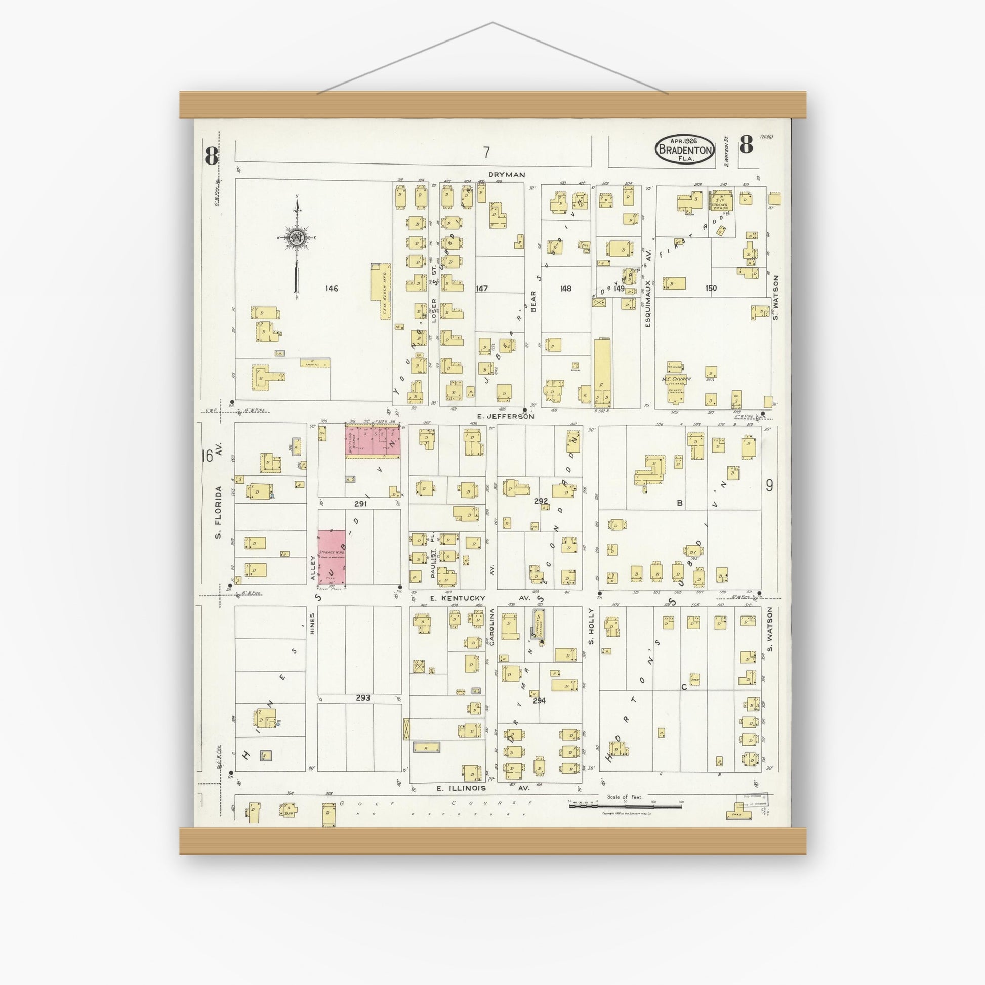Old map wall art mockup — magnetic wood frame on white wall — Sanborn Fire Insurance Map from Bradentown, Manatee County, Florida (1926), Sheet #0008