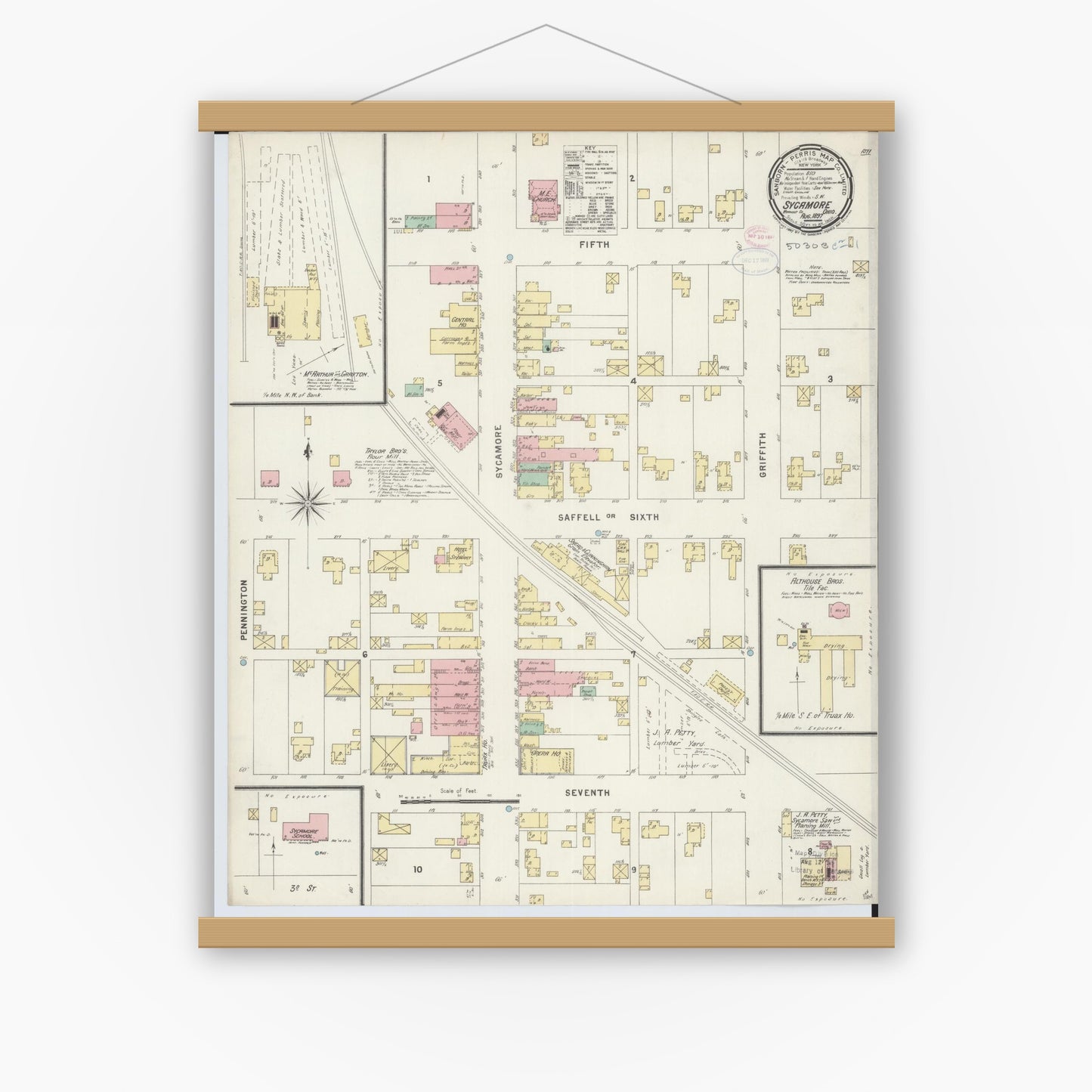 Old map wall art mockup — magnetic wood frame on white wall — Sanborn Fire Insurance Map from Sycamore, Wyandot County, Ohio (1897), Sheet #0001