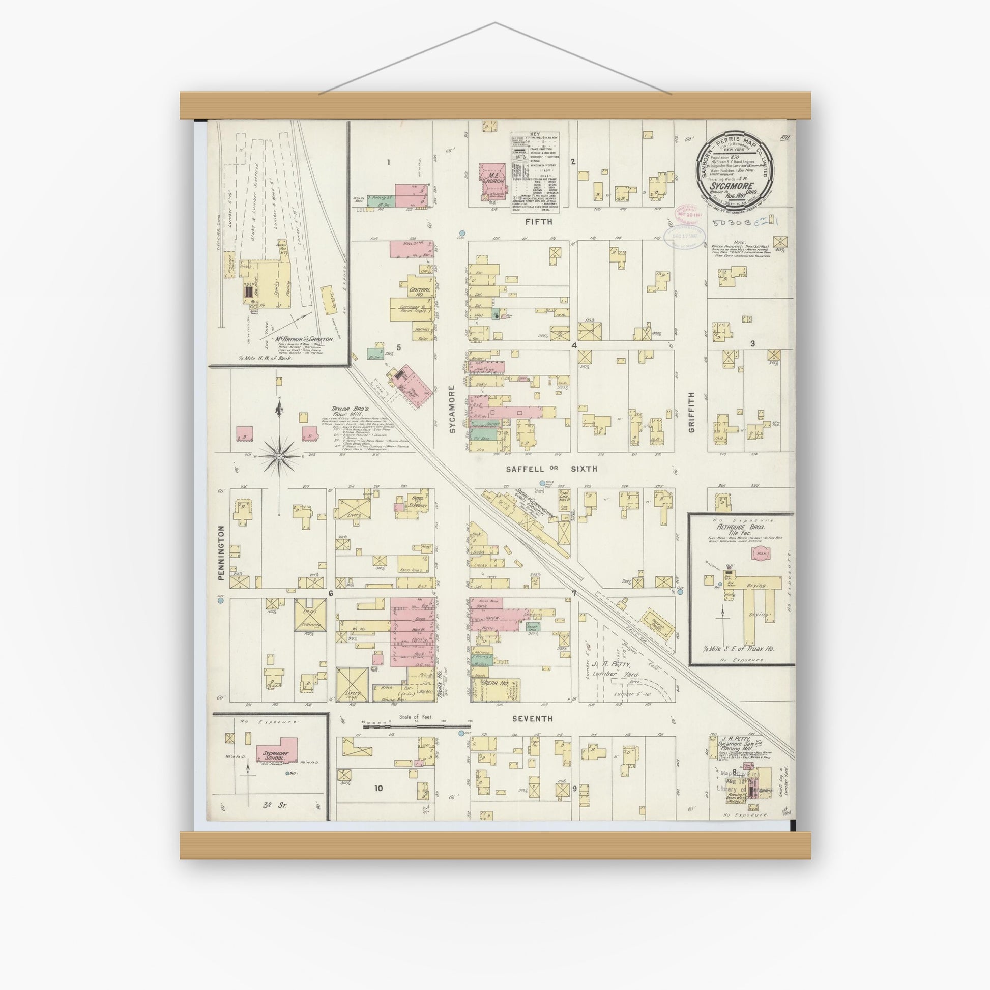 Old map wall art mockup — magnetic wood frame on white wall — Sanborn Fire Insurance Map from Sycamore, Wyandot County, Ohio (1897), Sheet #0001