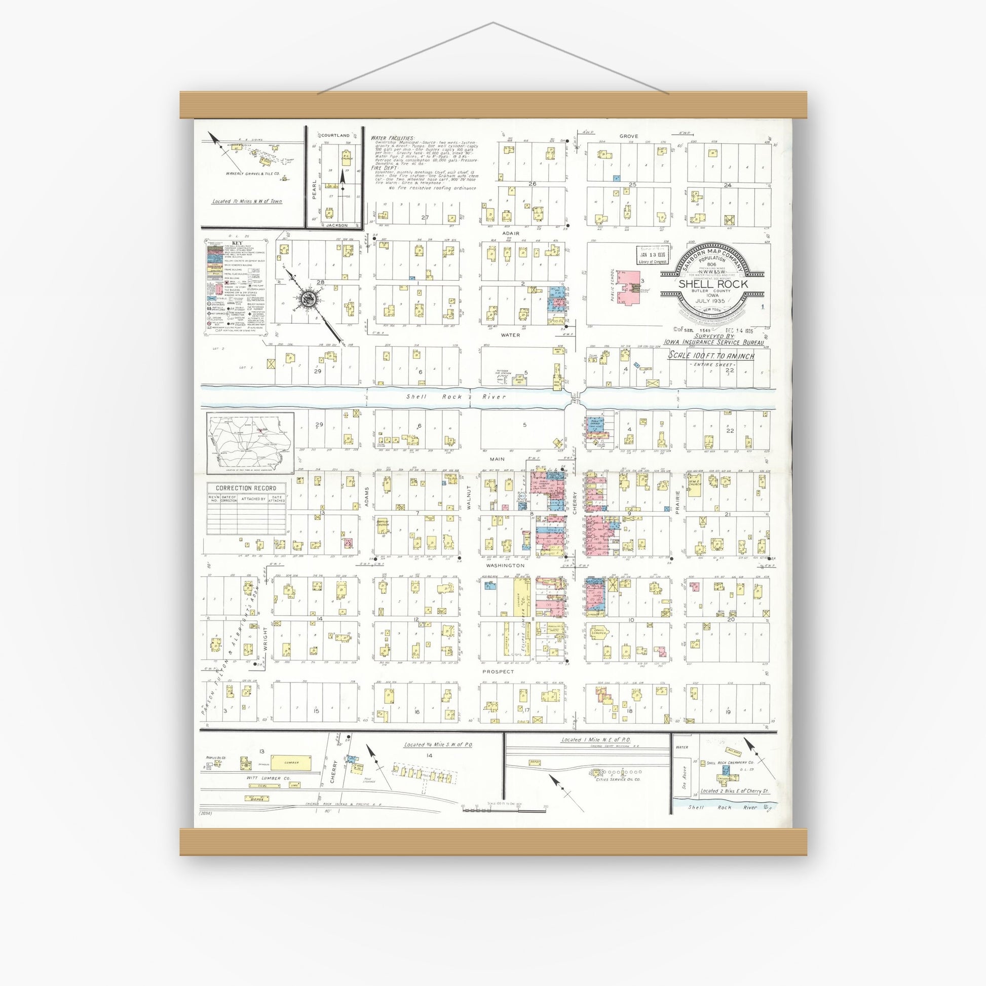 Old map wall art mockup — magnetic wood frame on white wall — Sanborn Fire Insurance Map from Shell Rock, Butler County, Iowa (1935), Sheet #0001