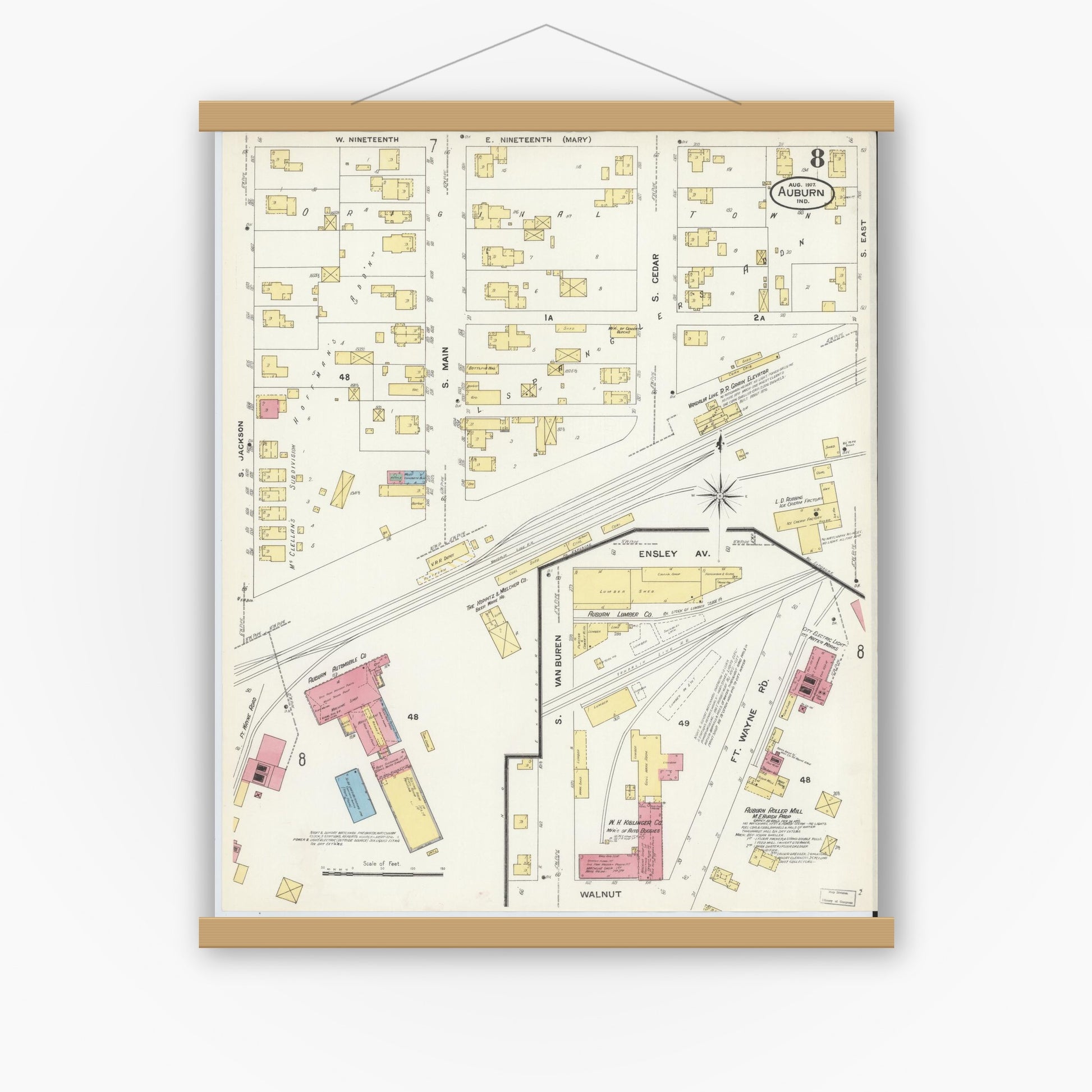 Old map wall art mockup — magnetic wood frame on white wall — Sanborn Fire Insurance Map from Auburn, De Kalb County, Indiana (1907), Sheet #0008