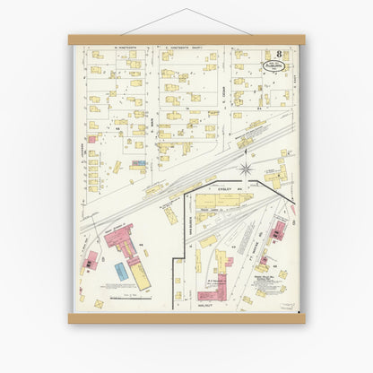Old map wall art mockup — magnetic wood frame on white wall — Sanborn Fire Insurance Map from Auburn, De Kalb County, Indiana (1907), Sheet #0008