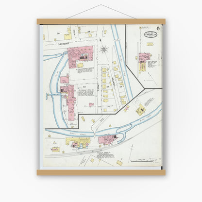 Old map wall art mockup — magnetic wood frame on white wall — Sanborn Fire Insurance Map from Franklin, Warren County, Ohio (1892), Sheet #0006