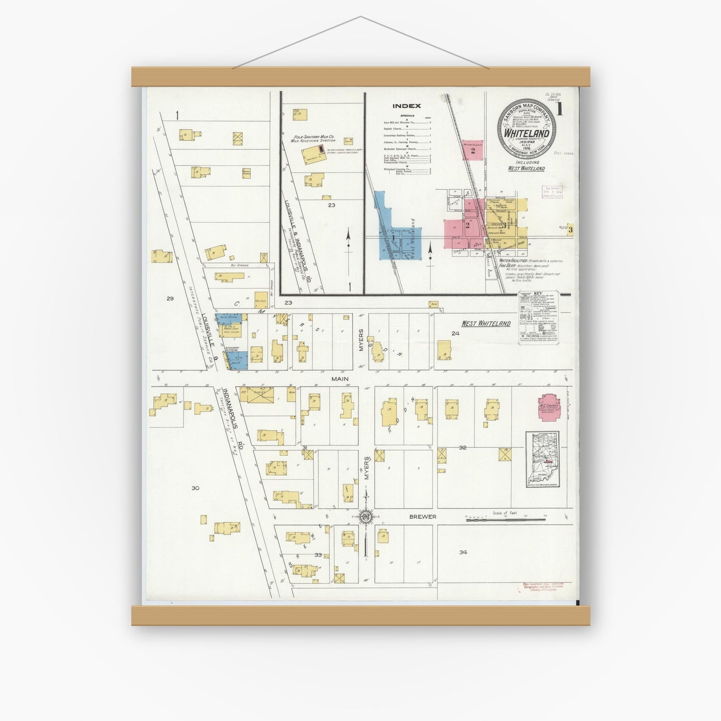 Old map wall art mockup — magnetic wood frame on white wall — Sanborn Fire Insurance Map from Whiteland, Johnson County, Indiana (1916) - Complete Map Set