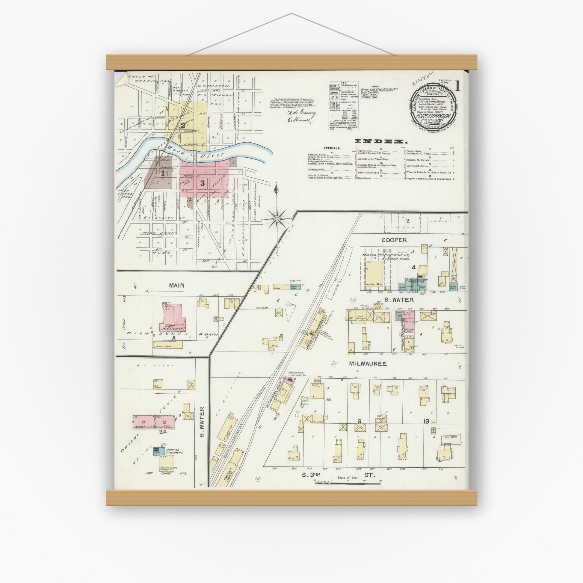 Old map wall art mockup — magnetic wood frame on white wall — Sanborn Fire Insurance Map from Fort Atkinson, Jefferson County, Wisconsin (1892) - Complete Map Set
