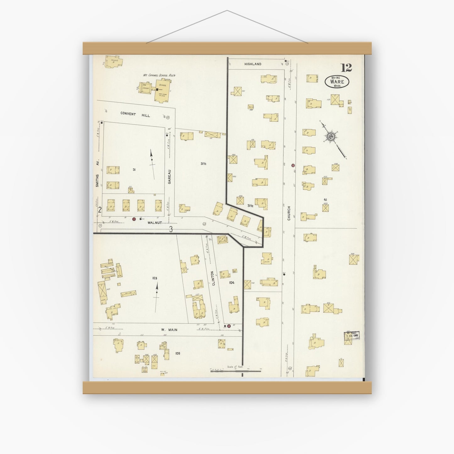 Old map wall art mockup — magnetic wood frame on white wall — Sanborn Fire Insurance Map from Ware, Hampshire County, Massachusetts (1912), Sheet #0012