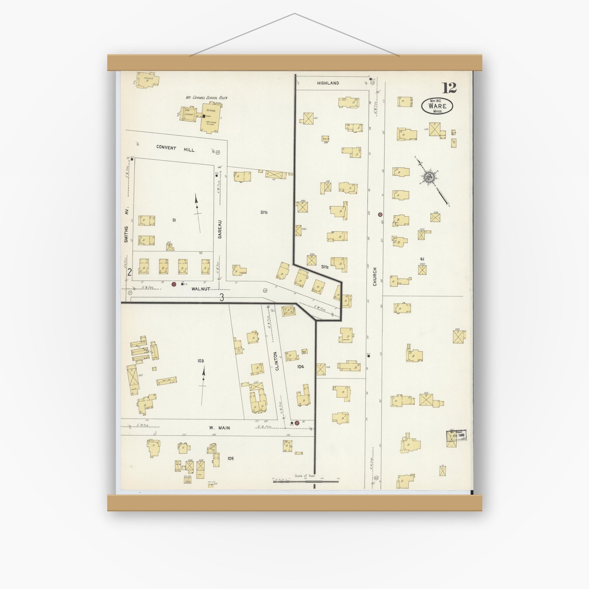 Old map wall art mockup — magnetic wood frame on white wall — Sanborn Fire Insurance Map from Ware, Hampshire County, Massachusetts (1912), Sheet #0012