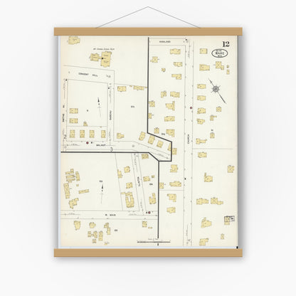 Old map wall art mockup — magnetic wood frame on white wall — Sanborn Fire Insurance Map from Ware, Hampshire County, Massachusetts (1912), Sheet #0012