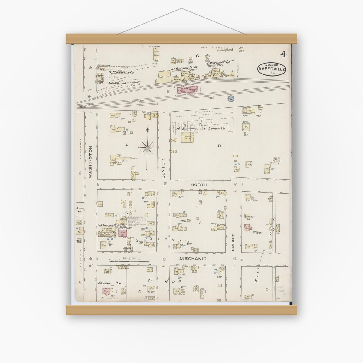 Old map wall art mockup — magnetic wood frame on white wall — Sanborn Fire Insurance Map from Naperville, Du Page County, Illinois (1886), Sheet #0004
