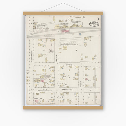 Old map wall art mockup — magnetic wood frame on white wall — Sanborn Fire Insurance Map from Naperville, Du Page County, Illinois (1886), Sheet #0004