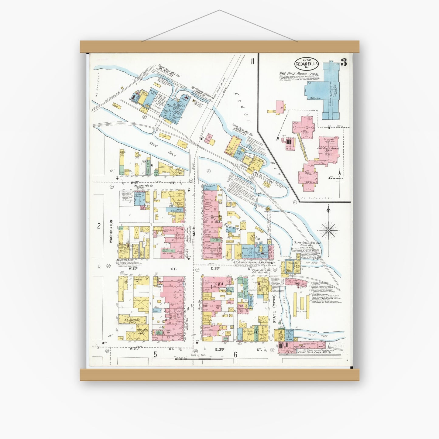 Old map wall art mockup — magnetic wood frame on white wall — Sanborn Fire Insurance Map from Cedar Falls, Black Hawk County, Iowa (1900), Sheet #0003