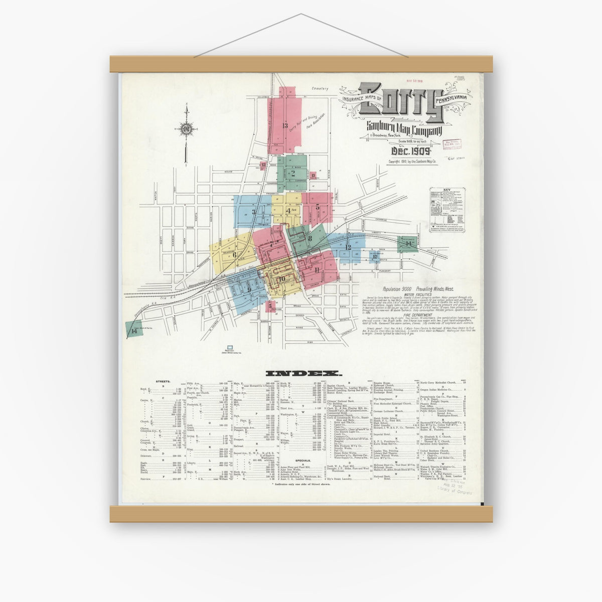 Old map wall art mockup — magnetic wood frame on white wall — Sanborn Fire Insurance Map from Corry, Erie County, Pennsylvania (1909), Sheet #0001
