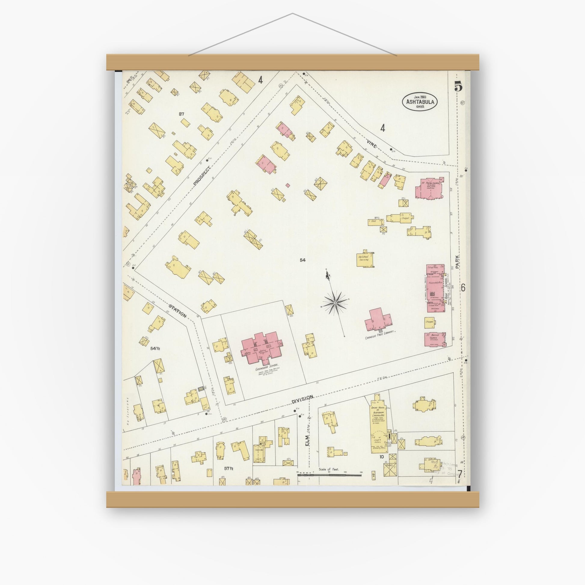 Old map wall art mockup — magnetic wood frame on white wall — Sanborn Fire Insurance Map from Ashtabula, Ashtabula County, Ohio (1903), Sheet #0005