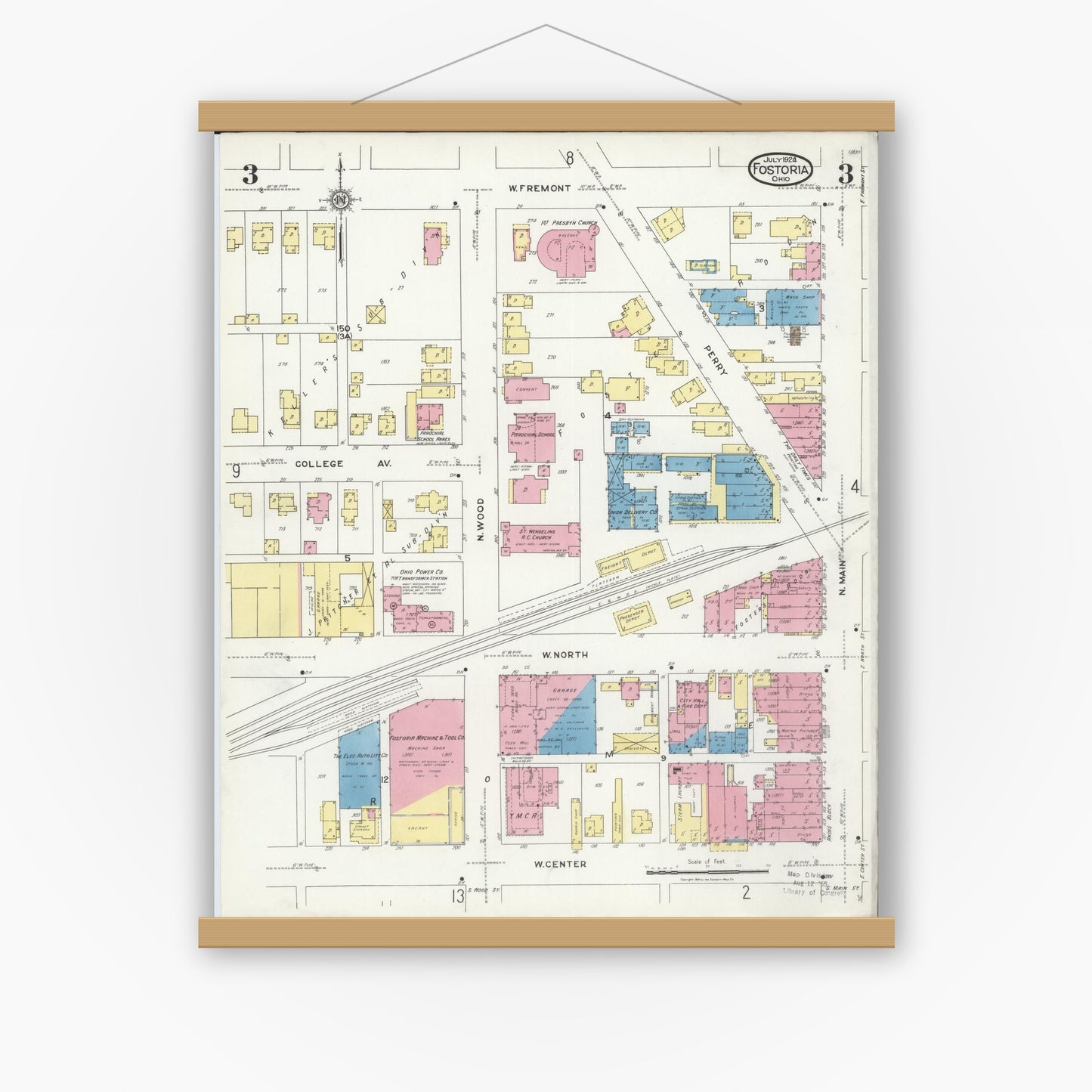 Old map wall art mockup — magnetic wood frame on white wall — Sanborn Fire Insurance Map from Fostoria, Seneca, Hancock, And Wood Counties, Ohio (1924), Sheet #0003