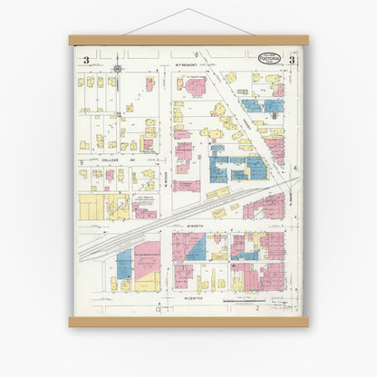 Old map wall art mockup — magnetic wood frame on white wall — Sanborn Fire Insurance Map from Fostoria, Seneca, Hancock, And Wood Counties, Ohio (1924), Sheet #0003