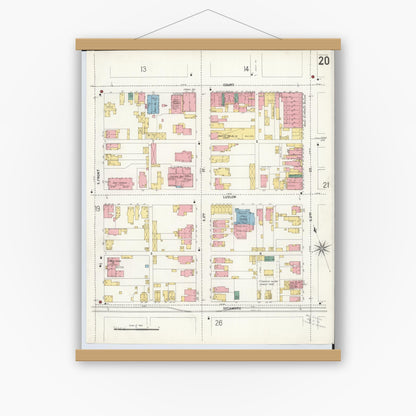 Old map wall art mockup — magnetic wood frame on white wall — Sanborn Fire Insurance Map from Hamilton, Butler County, Ohio (1899), Sheet #0020
