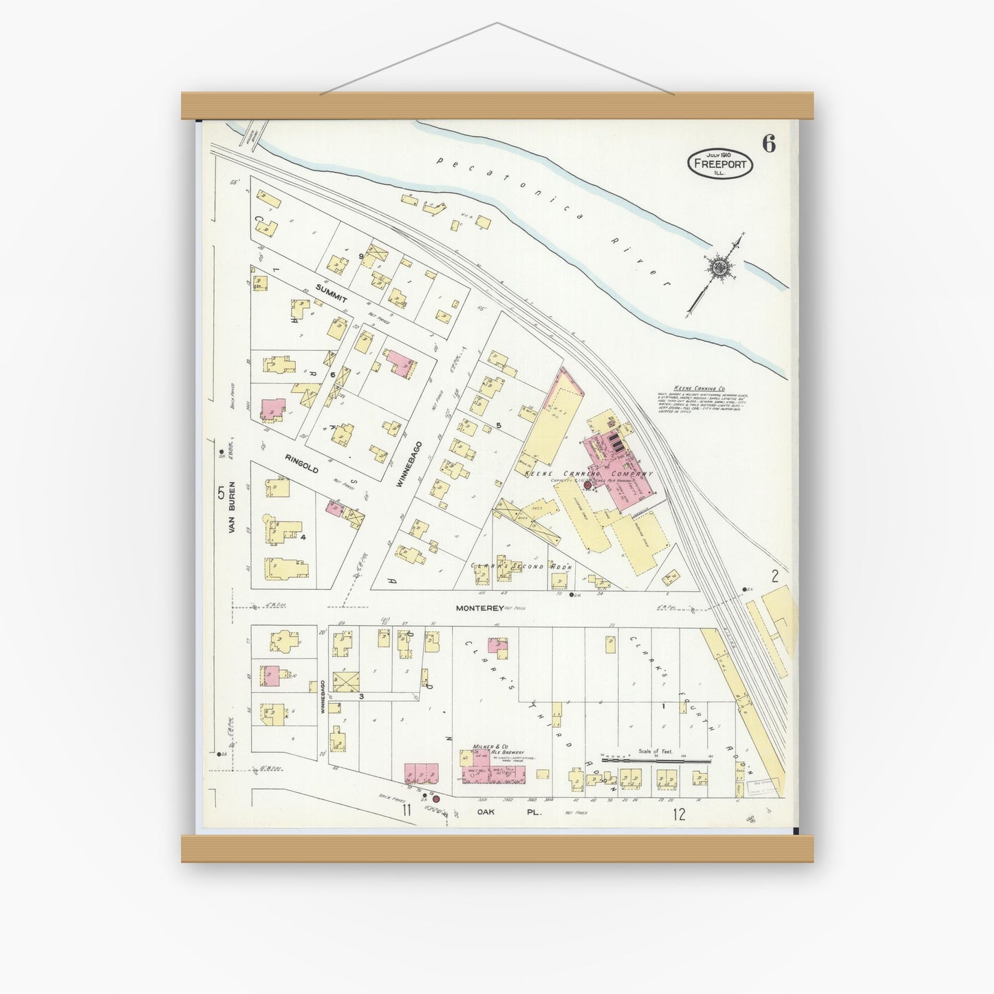 Old map wall art mockup — magnetic wood frame on white wall — Sanborn Fire Insurance Map from Freeport, Stephenson County, Illinois (1910), Sheet #0006