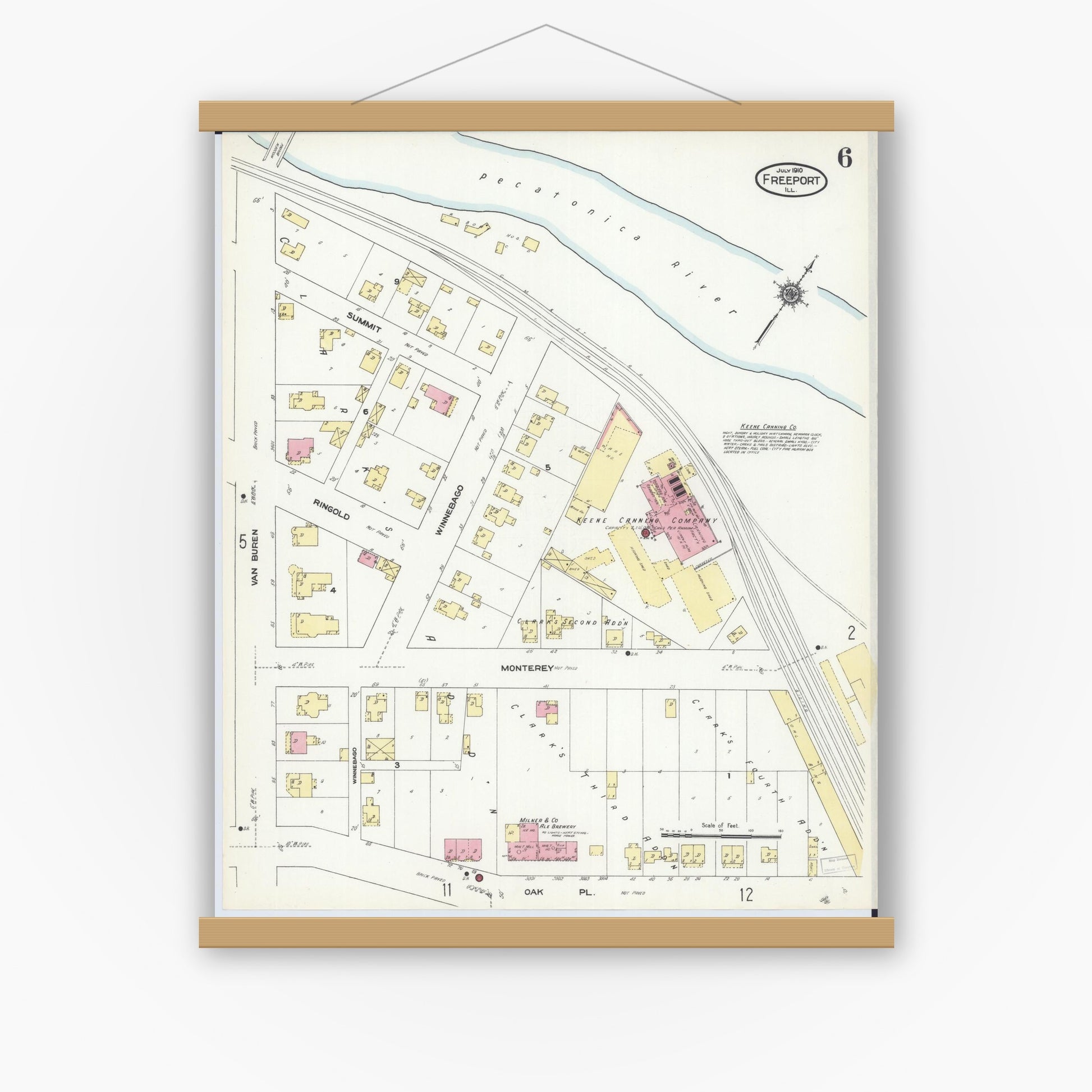 Old map wall art mockup — magnetic wood frame on white wall — Sanborn Fire Insurance Map from Freeport, Stephenson County, Illinois (1910), Sheet #0006