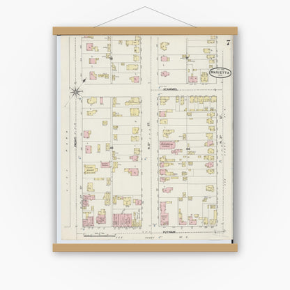 Old map wall art mockup — magnetic wood frame on white wall — Sanborn Fire Insurance Map from Marietta, Washington County, Ohio (1890), Sheet #0007