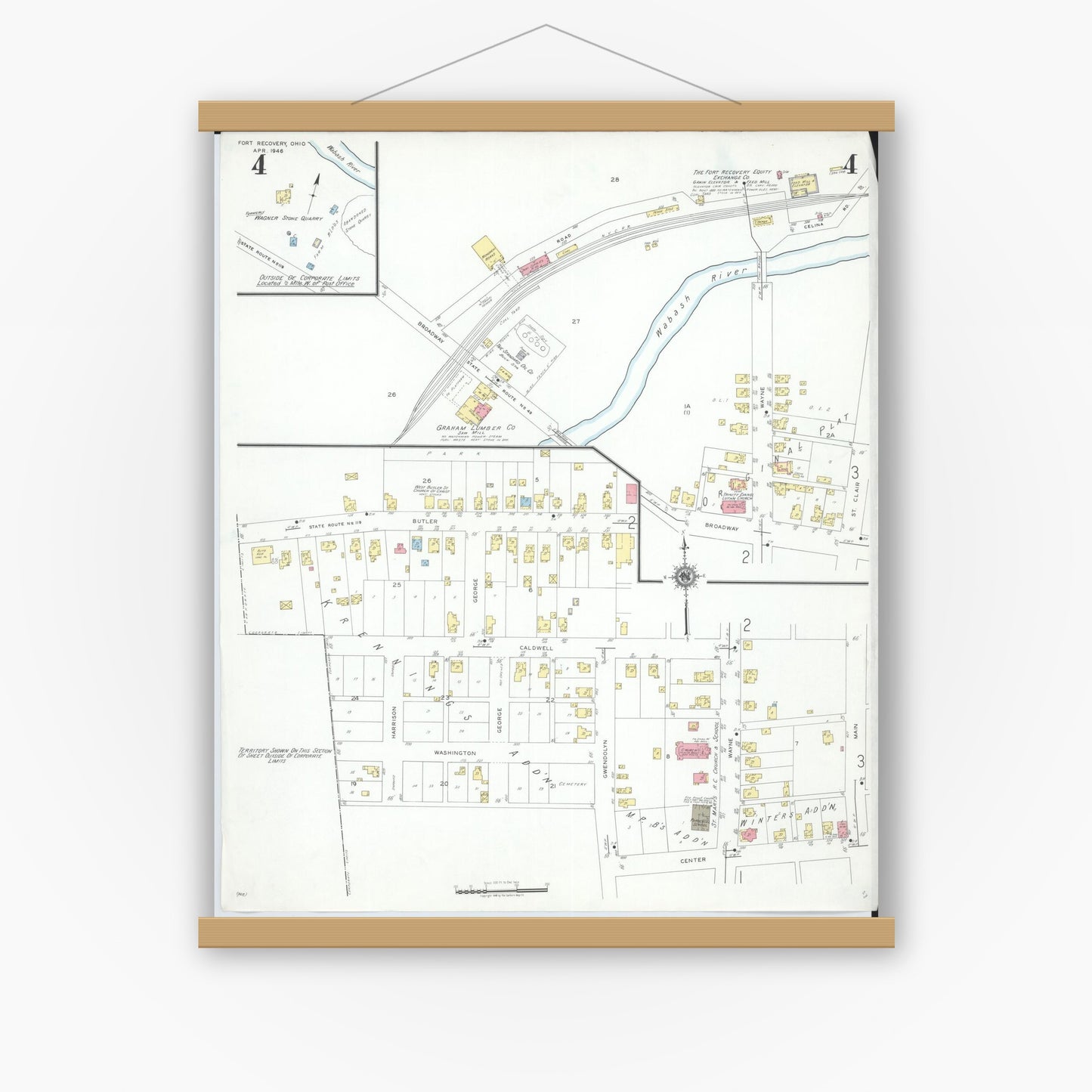 Old map wall art mockup — magnetic wood frame on white wall — Sanborn Fire Insurance Map from Fort Recovery, Mercer County, Ohio (1946), Sheet #0004