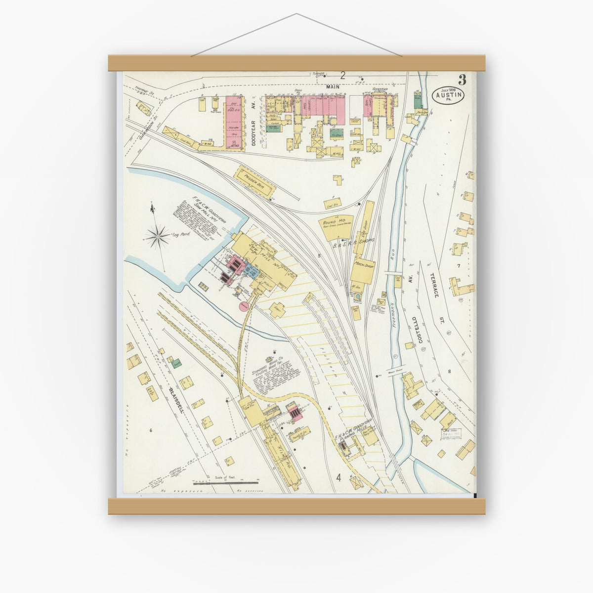 Old map wall art mockup — magnetic wood frame on white wall — Sanborn Fire Insurance Map from Austin, Potter County, Pennsylvania (1898), Sheet #0003