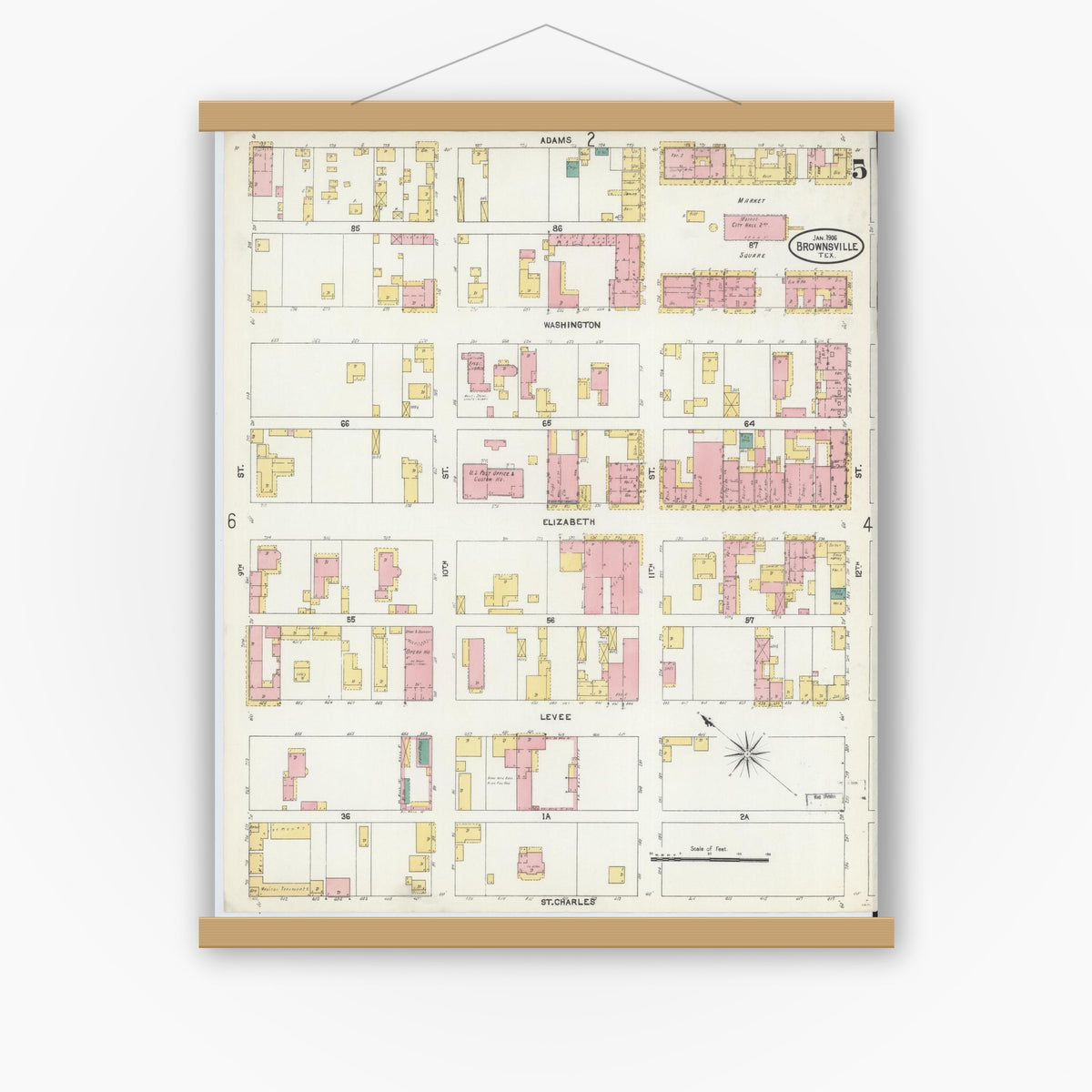 Old map wall art mockup — magnetic wood frame on white wall — Sanborn Fire Insurance Map from Brownsville, Cameron County, Texas (1906), Sheet #0005