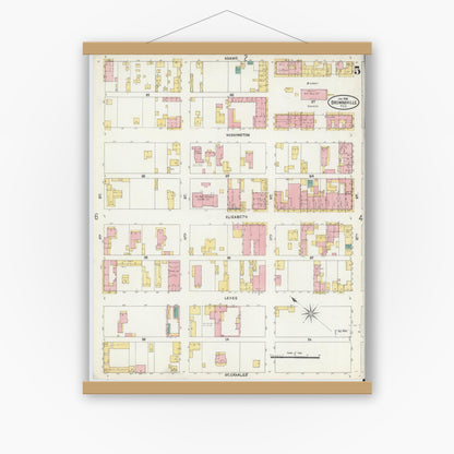 Old map wall art mockup — magnetic wood frame on white wall — Sanborn Fire Insurance Map from Brownsville, Cameron County, Texas (1906), Sheet #0005