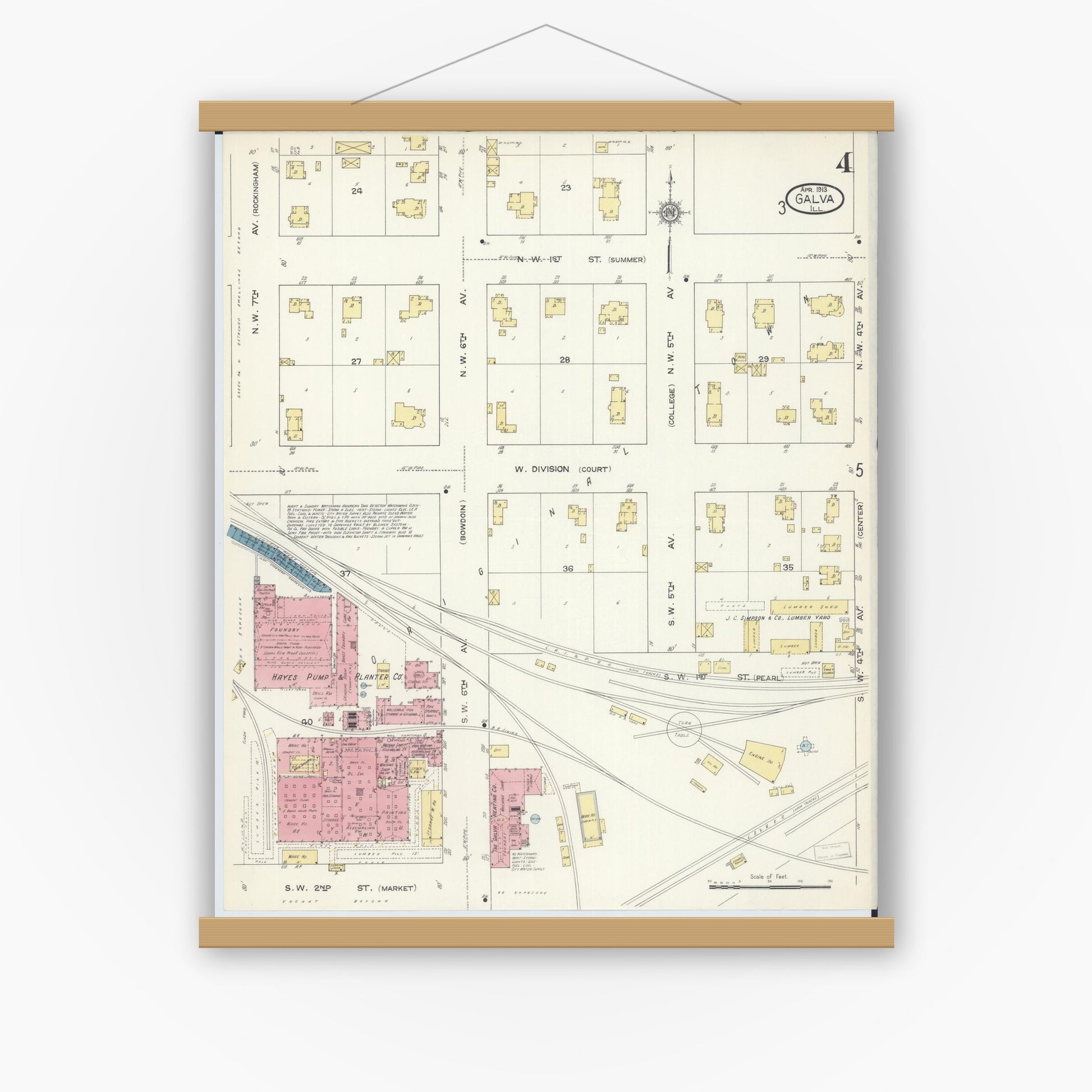 Old map wall art mockup — magnetic wood frame on white wall — Sanborn Fire Insurance Map from Galva, Henry County, Illinois (1913), Sheet #0004