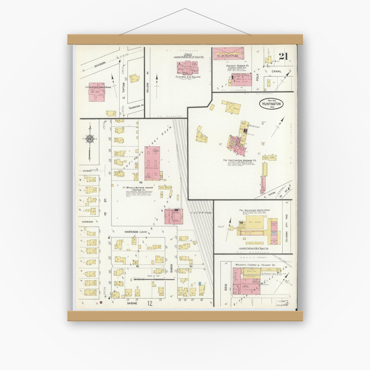 Old map wall art mockup — magnetic wood frame on white wall — Sanborn Fire Insurance Map from Huntington, Huntington County, Indiana (1912), Sheet #0021