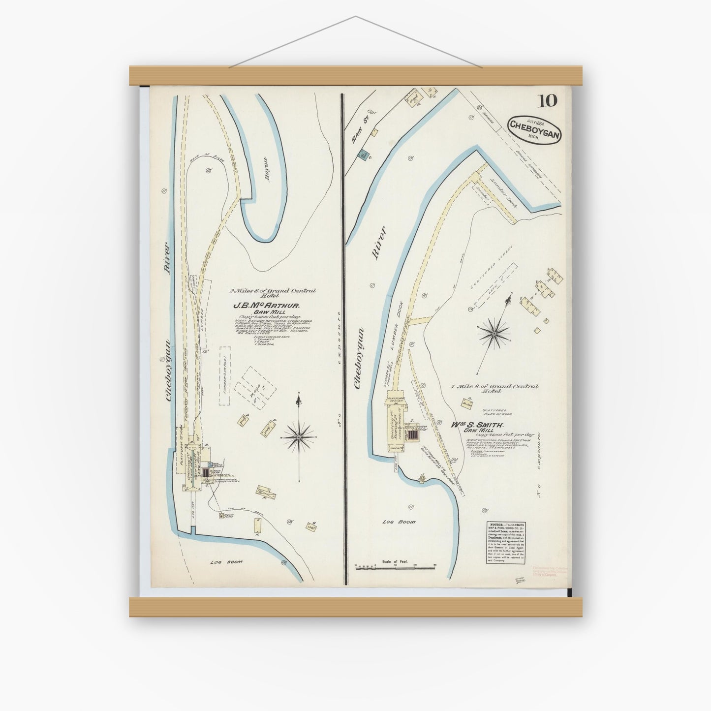 Old map wall art mockup — magnetic wood frame on white wall — Sanborn Fire Insurance Map from Cheboygan, Cheboygan County, Michigan (1884), Sheet #0010