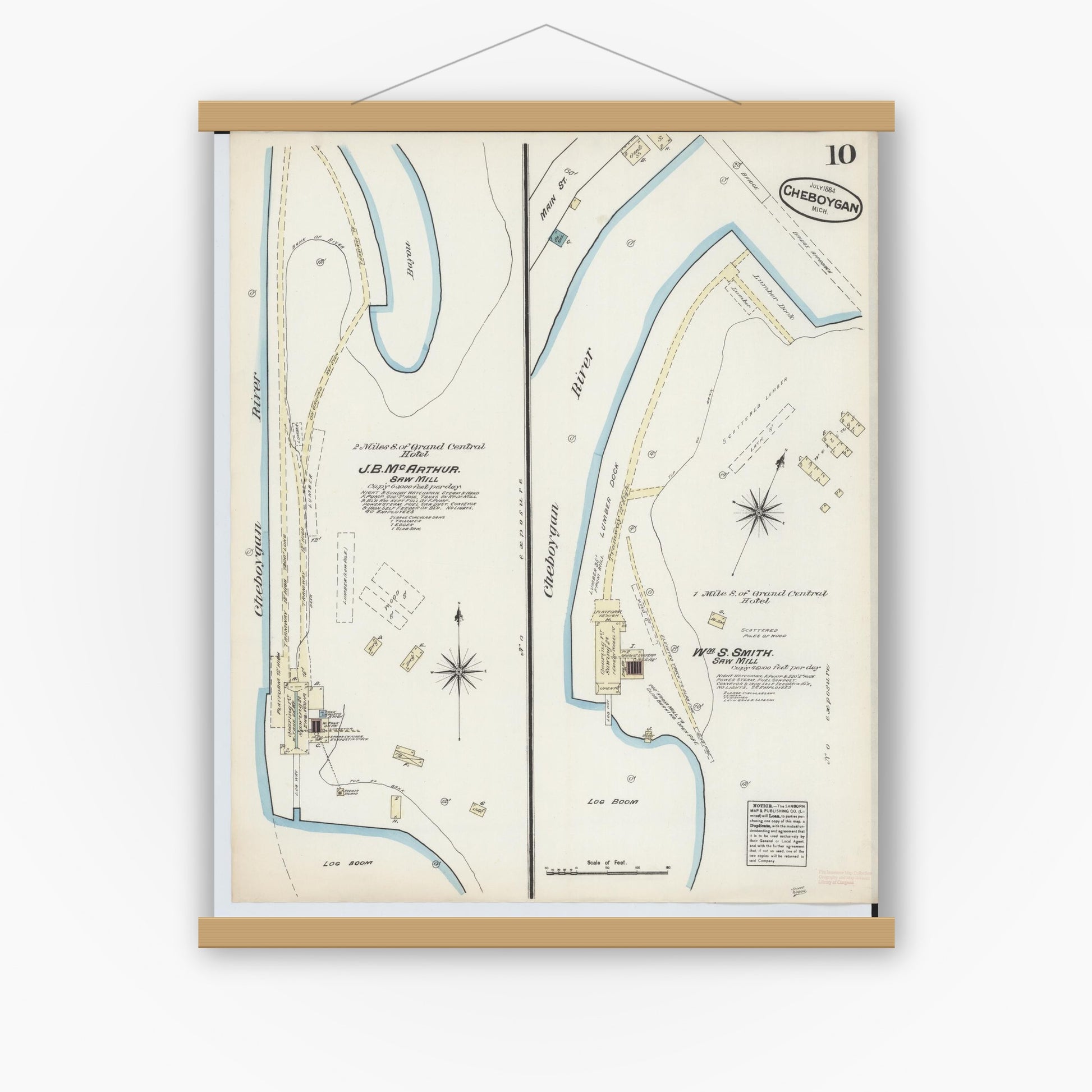 Old map wall art mockup — magnetic wood frame on white wall — Sanborn Fire Insurance Map from Cheboygan, Cheboygan County, Michigan (1884), Sheet #0010