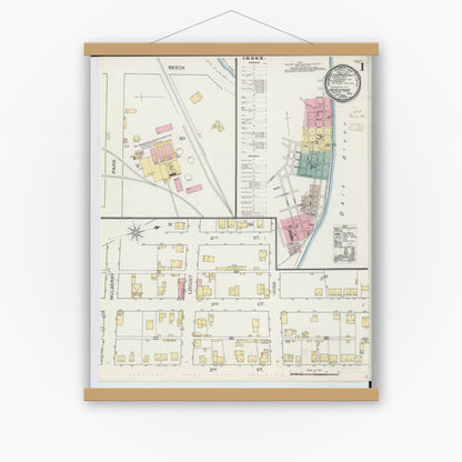 Old map wall art mockup — magnetic wood frame on white wall — Sanborn Fire Insurance Map from Middleport, Meigs County, Ohio (1893), Sheet #0001