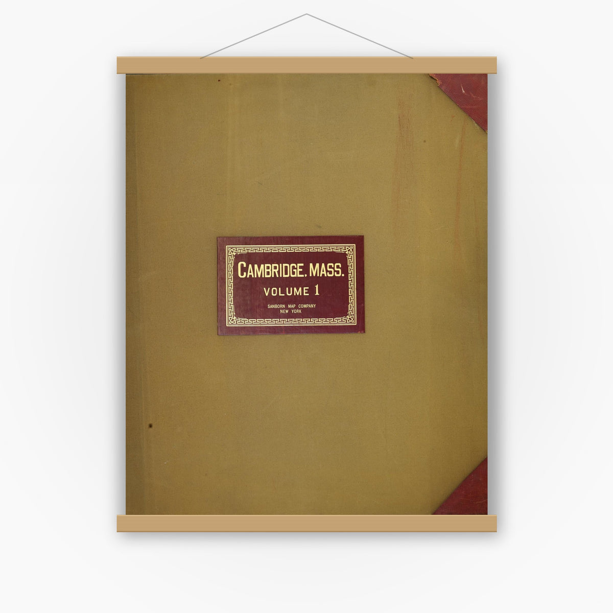 Old map wall art mockup — magnetic wood frame on white wall — Sanborn Fire Insurance Map from Cambridge, Middlesex County, Massachusetts (1950), Sheet #0001