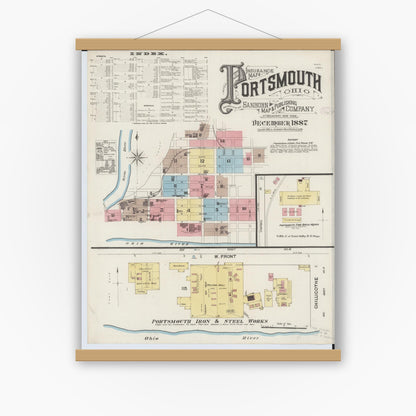Old map wall art mockup — magnetic wood frame on white wall — Sanborn Fire Insurance Map from Portsmouth, Scioto County, Ohio (1887), Sheet #0001