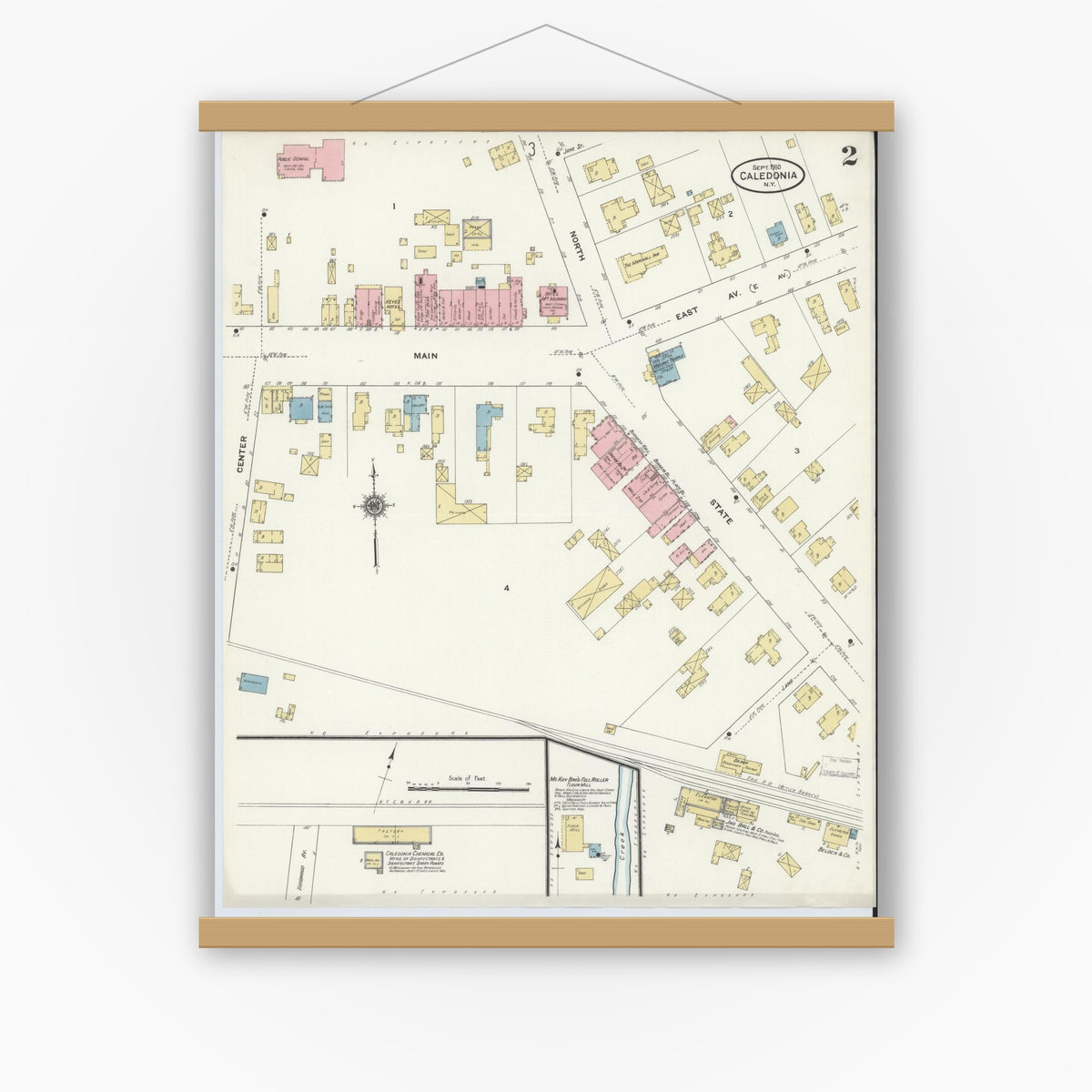Old map wall art mockup — magnetic wood frame on white wall — Sanborn Fire Insurance Map from Caledonia, Livingston County, New York (1910), Sheet #0002