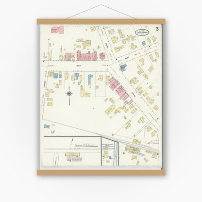 Old map wall art mockup — magnetic wood frame on white wall — Sanborn Fire Insurance Map from Caledonia, Livingston County, New York (1910), Sheet #0002