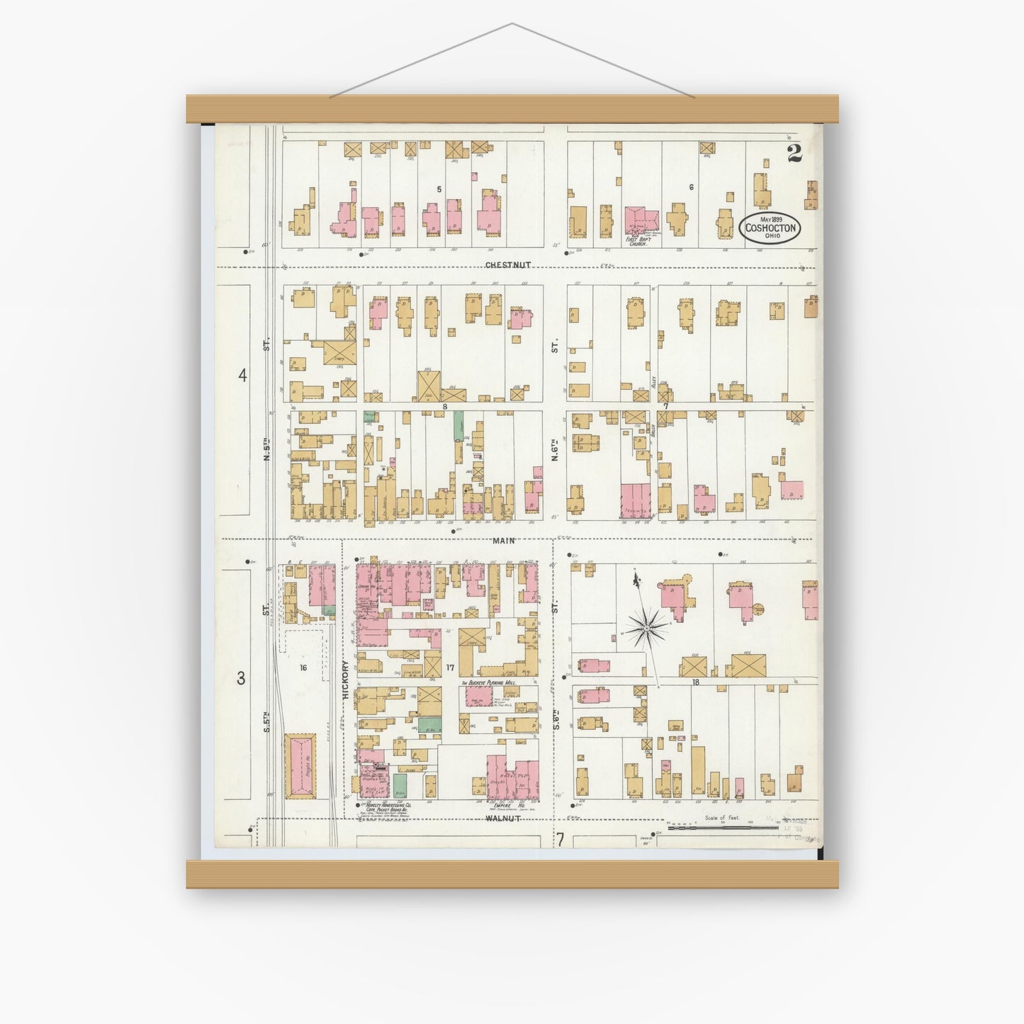 Old map wall art mockup — magnetic wood frame on white wall — Sanborn Fire Insurance Map from Coshocton, Coshocton County, Ohio (1899), Sheet #0002