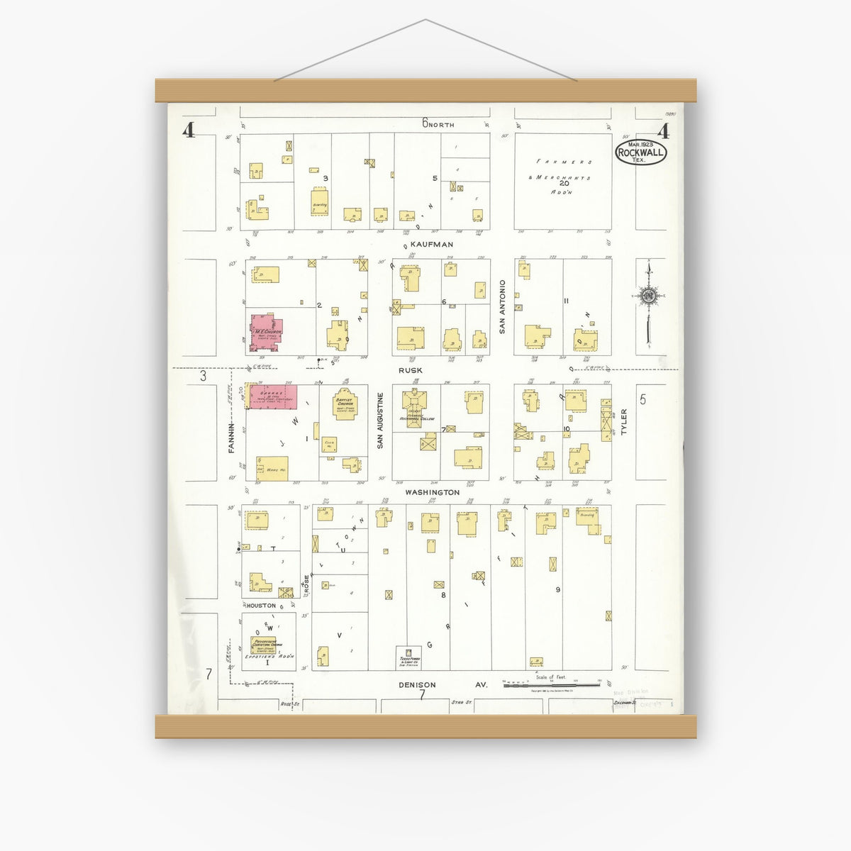 Old map wall art mockup — magnetic wood frame on white wall — Sanborn Fire Insurance Map from Rockwall, Rockwall County, Texas (1923), Sheet #0004