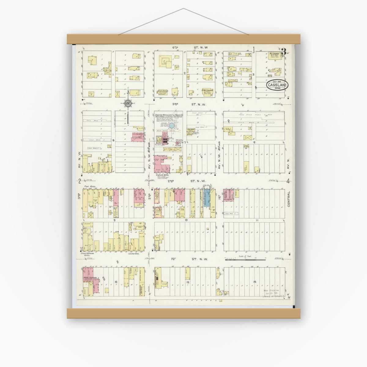 Old map wall art mockup — magnetic wood frame on white wall — Sanborn Fire Insurance Map from Cass Lake, Cass County, Minnesota (1913), Sheet #0003