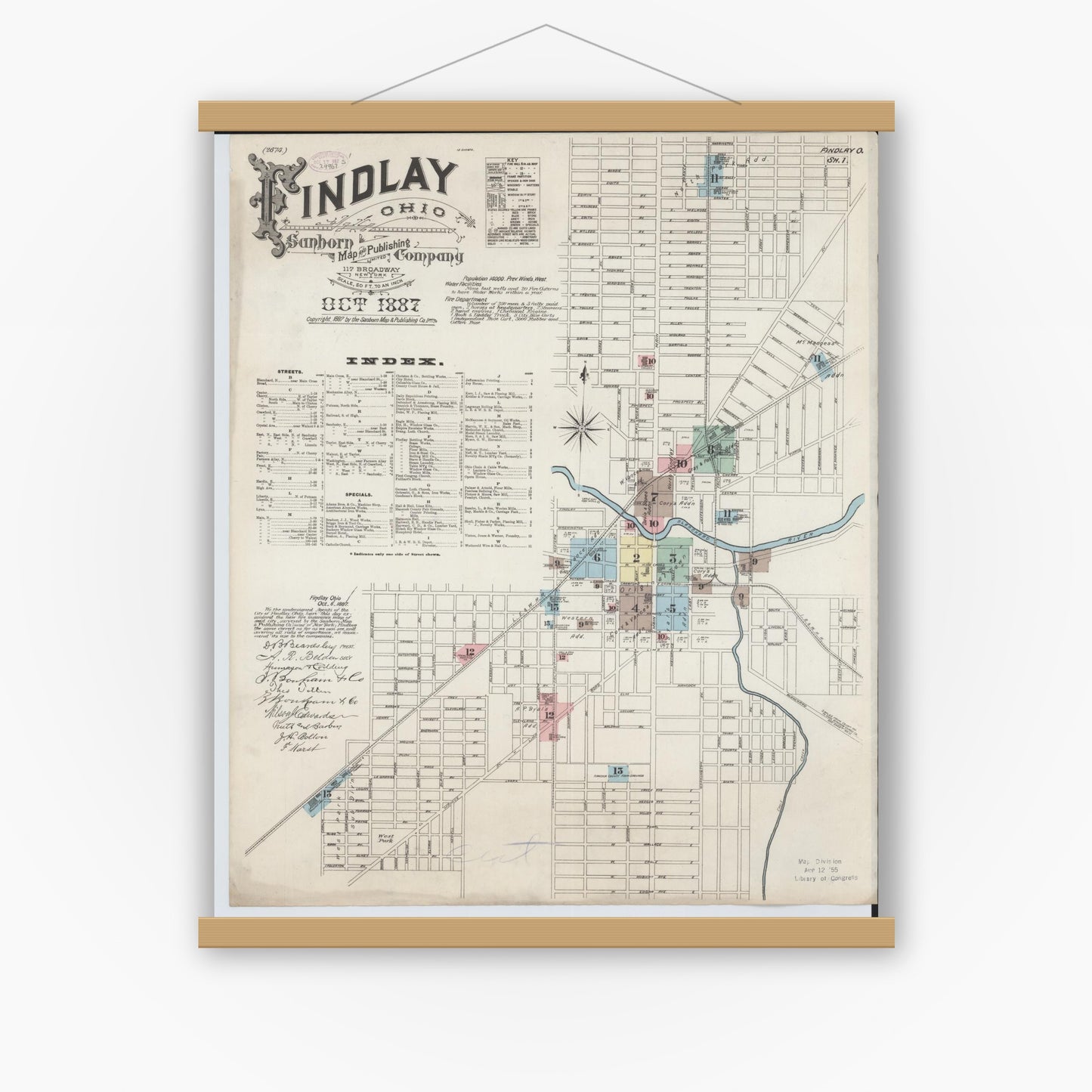 Old map wall art mockup — magnetic wood frame on white wall — Sanborn Fire Insurance Map from Findlay, Hancock County, Ohio (1887) - Complete Map Set
