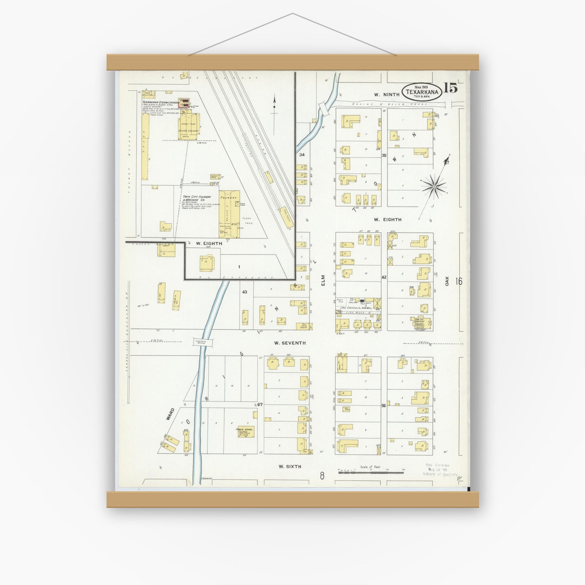 Old map wall art mockup — magnetic wood frame on white wall — Sanborn Fire Insurance Map from Texarkana, Bowie County, Texas (1909), Sheet #0015