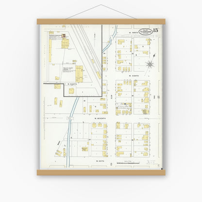 Old map wall art mockup — magnetic wood frame on white wall — Sanborn Fire Insurance Map from Texarkana, Bowie County, Texas (1909), Sheet #0015