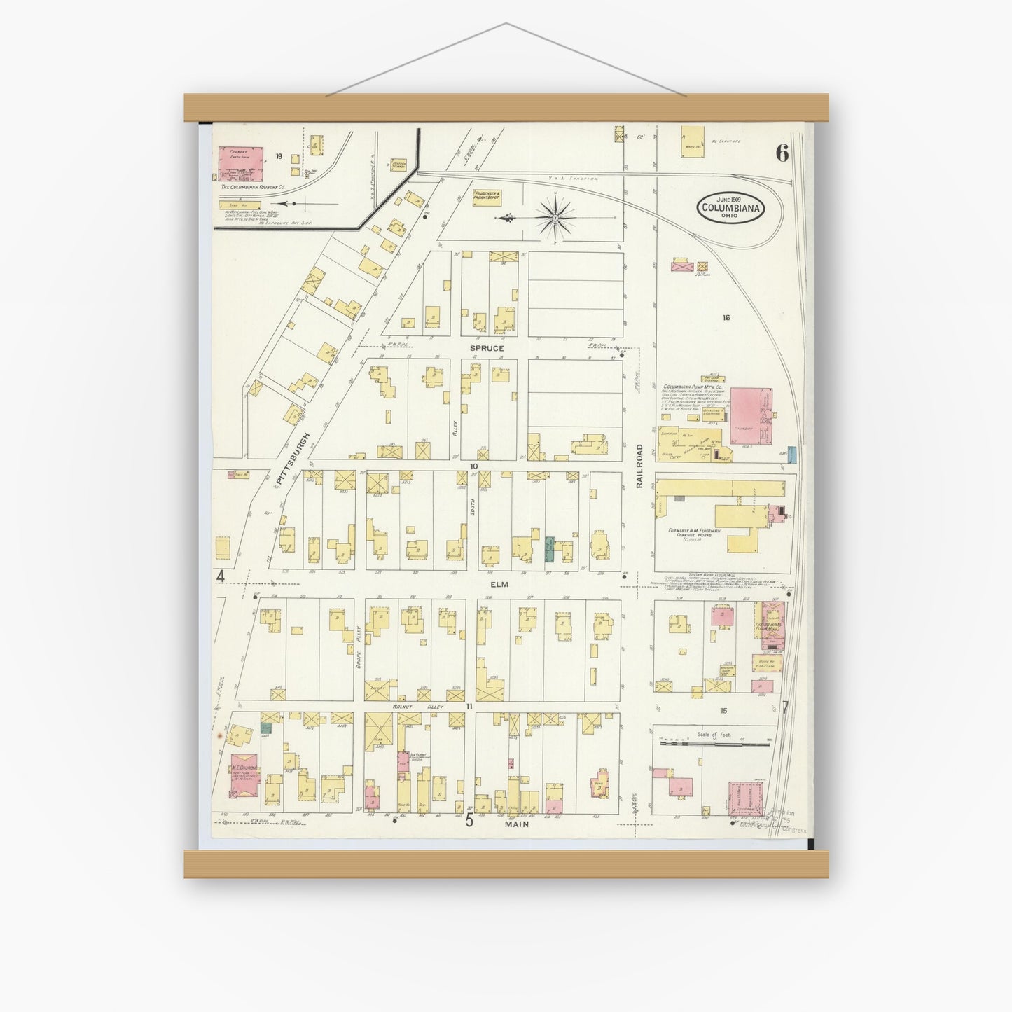 Old map wall art mockup — magnetic wood frame on white wall — Sanborn Fire Insurance Map from Columbiana, Columbiana County, Ohio (1909), Sheet #0006