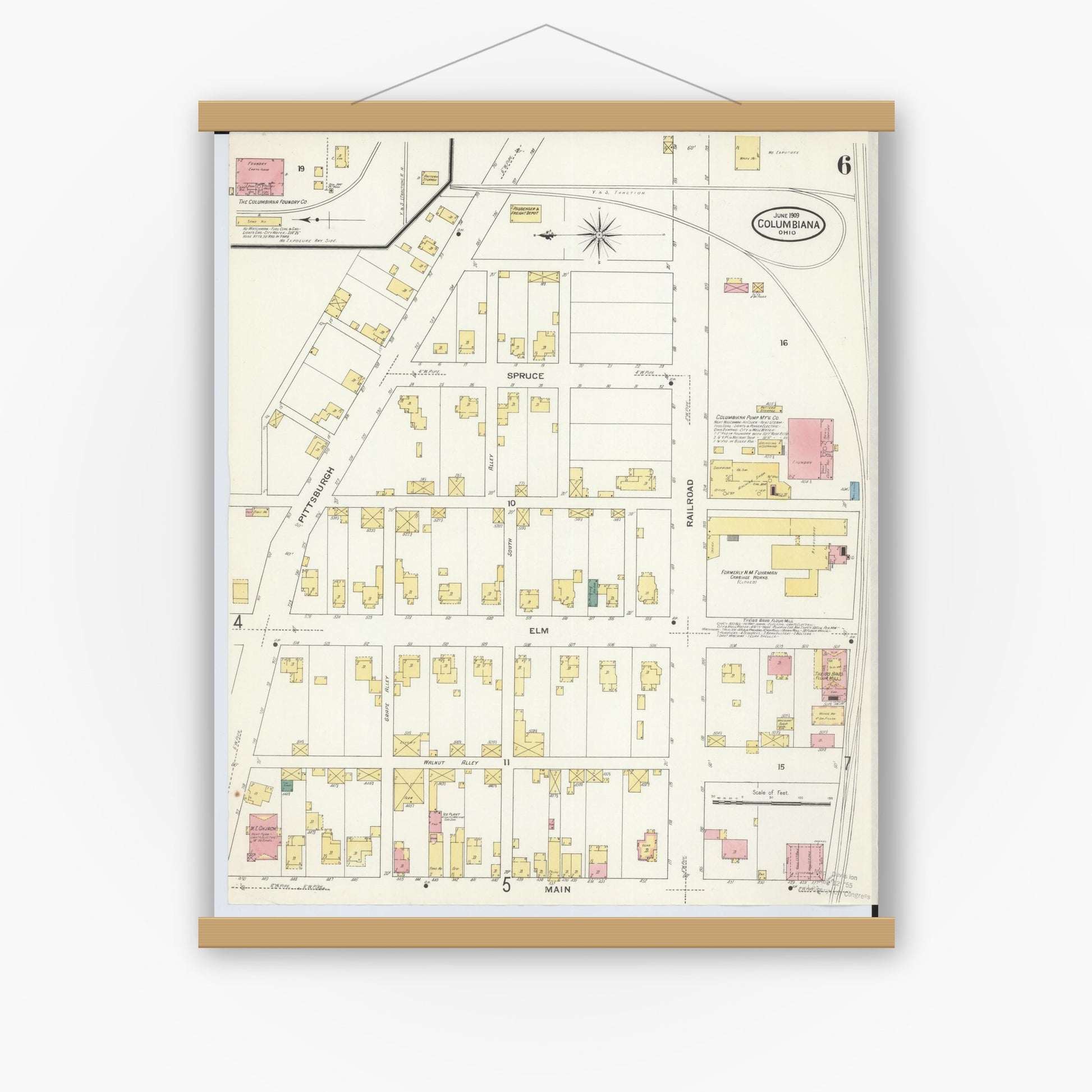 Old map wall art mockup — magnetic wood frame on white wall — Sanborn Fire Insurance Map from Columbiana, Columbiana County, Ohio (1909), Sheet #0006