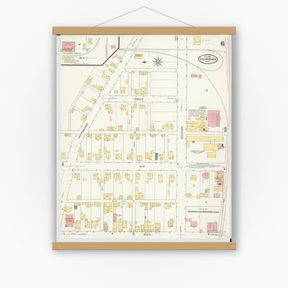 Old map wall art mockup — magnetic wood frame on white wall — Sanborn Fire Insurance Map from Columbiana, Columbiana County, Ohio (1909), Sheet #0006